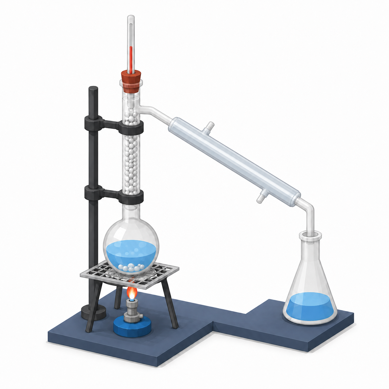 Fractional distillation setup with fractionating column