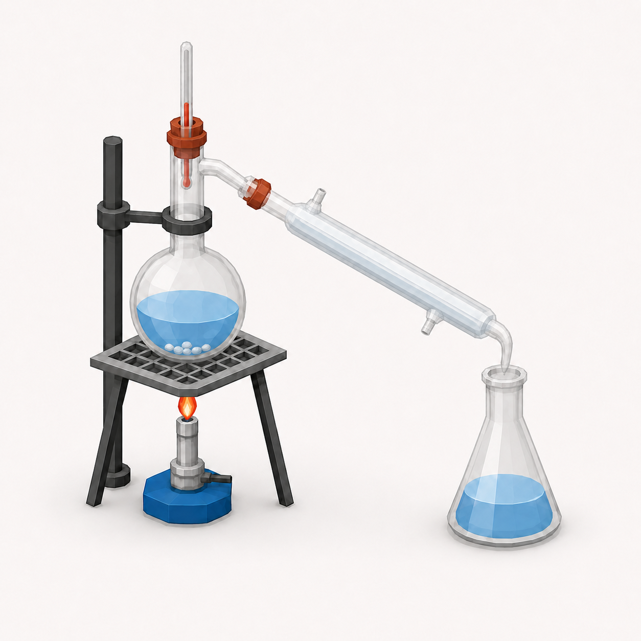 Simple distillation setup: flask, condenser and receiver