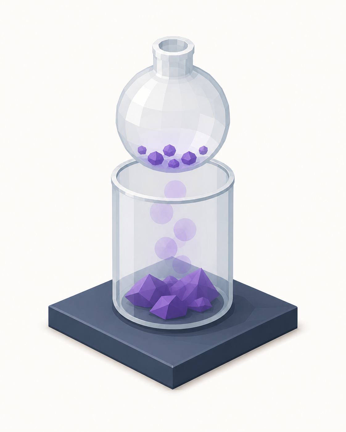 Sublimation: purple iodine crystals warmed in a beaker, the vapour re-forming on a cold round flask above